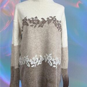 Floral Patterned Beige and Brown Sweater